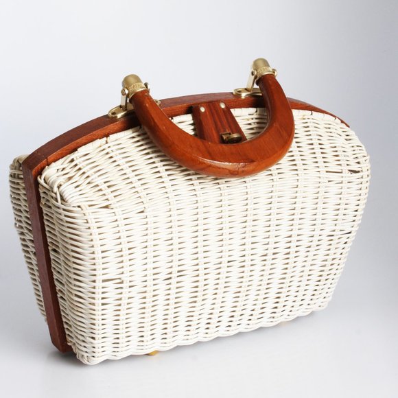 Simon Mr. Ernest White Wicker Bag with Brown Wood Trim Purse 60s Retro - Picture 3 of 10